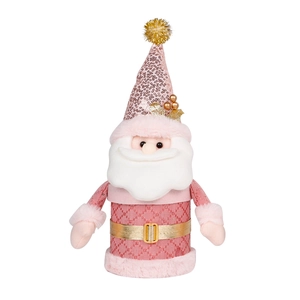 Pink Santa Claus decorative ornament with sequined hat and plush beard on white background