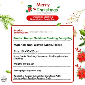 Detailed view of large Christmas stocking gift bags with Santa, snowman and elk characters