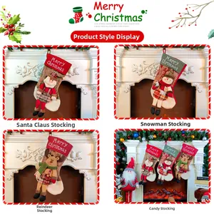 Detail of 3D Christmas stocking featuring Santa, snowman and reindeer appliques