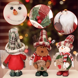 Standing Christmas plush gnome set with snowman and elk in plaid hats and linen gift bags