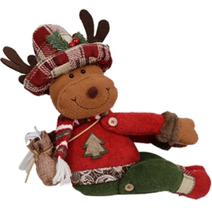 Détail de l'attache-rideau de Noël renne avec bonnet à carreaux et écharpe festive
