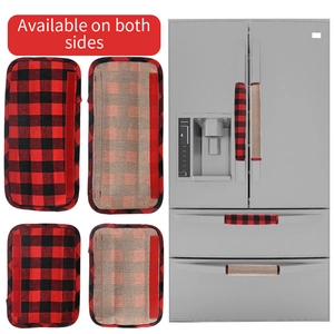 Detail of red and black buffalo plaid fridge handle covers showing reversible linen side