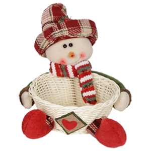 Detailed view of woven Christmas candy basket with cute plush snowman and red plaid hat