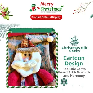 Detailed view of 3D Santa cartoon on a Christmas stocking with faux fur beard texture