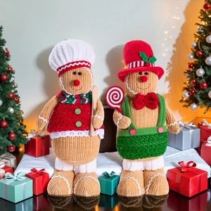 Detail view of knitted gingerbread gnome dolls with chef hat and Christmas candy cane