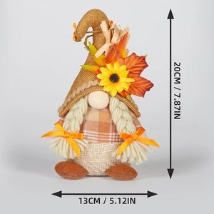Détails et dimensions du gnome d'automne avec décorations de tournesol et d'érable