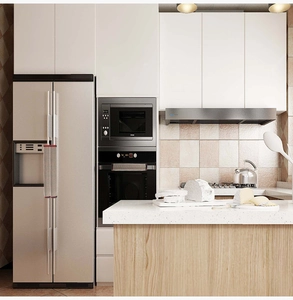 Detail of gray linen texture handle covers on stainless steel refrigerator and oven doors