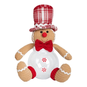 Close-up of a gingerbread man candy jar with corduroy hat and a clear plastic body