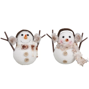 Pair of Christmas snowman figurines with plush earmuffs and scarves for holiday table decor