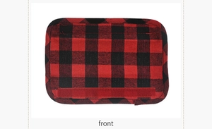 Front detail of red and black buffalo plaid handle cover with velcro strap