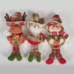 Detailed view of handmade Christmas plush dolls featuring reindeer, Santa and snowman