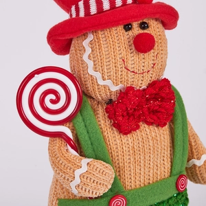 Macro shot of a gingerbread man doll featuring a red striped hat and knitted textures