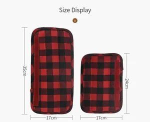 Size chart showing dimensions for red and black plaid handle covers in two sizes