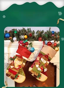 Detail of Christmas stockings with 3D Santa and Snowman hanging on a white fireplace