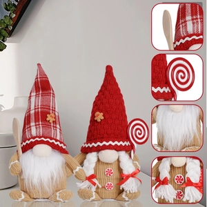 Gingerbread Christmas gnome plush set with knitted hats and holiday kitchen accessories