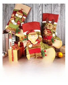 Detailed close-up of Christmas stockings with 3D Santa, Snowman and Reindeer dolls