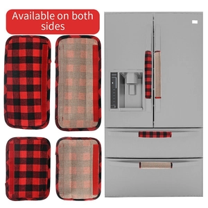 Red and black plaid refrigerator handle covers with reversible burlap side, 4-piece set