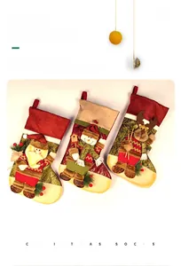 Detailed view of Christmas stockings featuring 3D Santa, Snowman and Reindeer designs