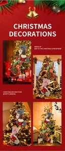 Detail of knitted Christmas stockings with 3D Santa, reindeer, and snowman plush designs