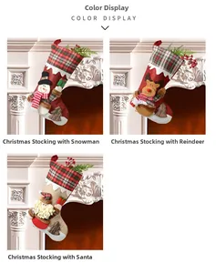 Détails des chaussettes de Noël avec appliques 3D de Père Noël, renne et bonhomme de neige