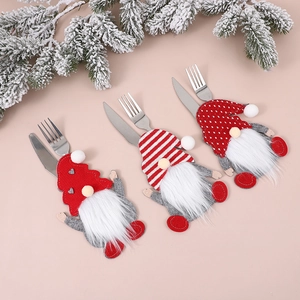 Christmas Gnome Cutlery Holder Felt Knitted Faceless Tomte Silverware Pocket Heart Stripe Polka Dot Dinner Table Decoration