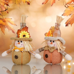Autumn Harvest Scarecrow Pumpkin Doll Ornament Sunflower Maple Leaf Decoration For Thanksgiving Home Table Decor Party Gift