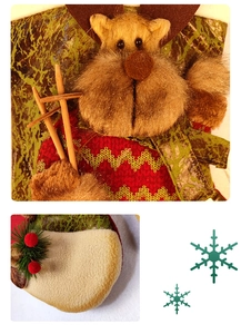 Detail of plush reindeer Christmas ornament featuring knit fabric and faux fur textures