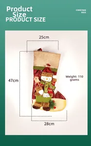 Detailed dimensions of burlap Christmas stocking featuring a 3D snowman character