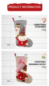 Detail of grey and khaki knitted Christmas stockings with Santa and Snowman figures