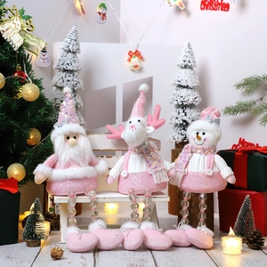 Poupées de Noël en peluche rose et blanc avec Père Noël, renne et bonhomme de neige à paillettes