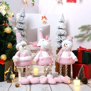 Lot de figurines de Noël en peluche rose et blanc avec Père Noël, renne et bonhomme de neige