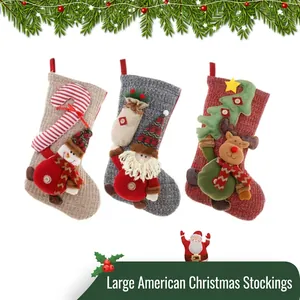 Large Knitted Christmas Stocking With 3D Santa Snowman Reindeer Pattern Holiday Gift Bag Home Party Decoration