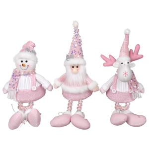 Trio de peluches de Noël rose et blanc avec Père Noël, renne et bonhomme de neige