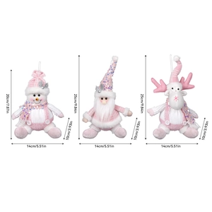 Pink Christmas plush ornaments set featuring Santa, snowman, and reindeer figures