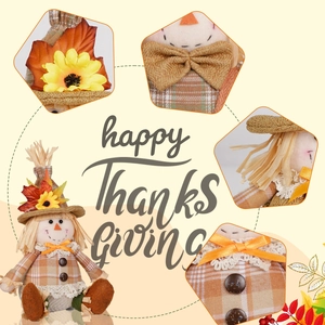 Handcrafted harvest scarecrow doll with sunflower hat and autumn maple leaf decorations