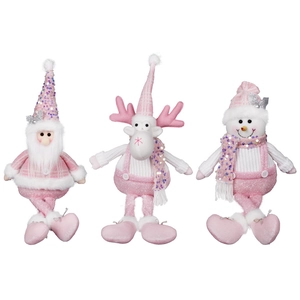 Ensemble de poupées de Noël à paillettes roses avec Père Noël, Renne et Bonhomme de neige