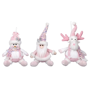 Pink and white Christmas plush hanging set with snowman, Santa, and reindeer figures