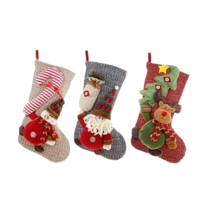 Three Christmas stockings set with 3D Santa Claus, Reindeer and Snowman plush appliques