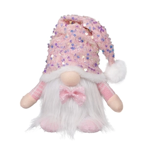 Detailed view of pink sequined Christmas gnome with glittery hat and white faux fur beard
