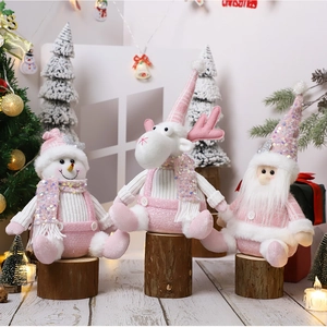 Pink Christmas doll set with snowman, reindeer and santa on wooden base ornaments
