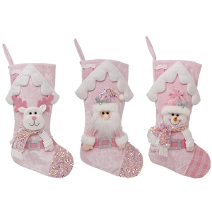 Pink sequin Christmas stocking set with 3D Santa Snowman and Reindeer figurines