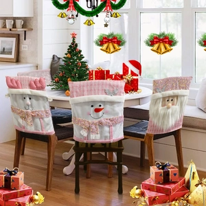 Pink Christmas Chair Covers Pink Plaid Santa Claus Snowman Reindeer Sequin Decoration Nordic Home Dining Room Party Decor