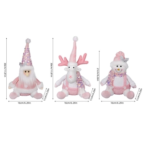 Pink Christmas plush doll set featuring Santa, reindeer and snowman with dimensions