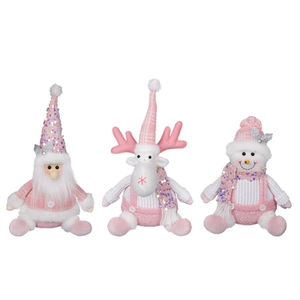 Pink Christmas plush figurines of Santa Claus Reindeer and Snowman with sequins