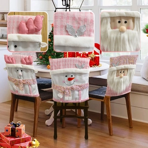 Pink Christmas chair covers set with Santa Snowman and Reindeer cartoon patterns