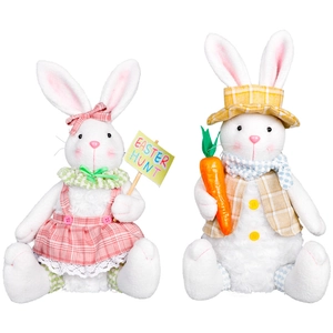Pair of glowing plush Easter bunnies with hunt flag and carrot for holiday decor