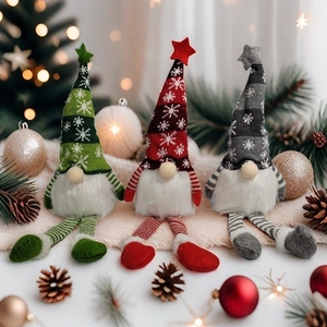 Three Christmas Gnomes set with knitted snowflake hats and long striped legs for decor