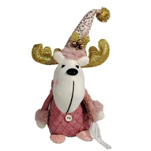 Renne de Noël en peluche rose et doré avec chapeau à paillettes et cornes brillantes