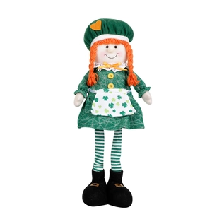 Close-up of St. Patrick's Day plush doll with green beret and orange braided hair