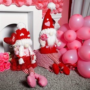 Romantic Valentine's Day gnome plush dolls with heart and rose decor on fireplace background